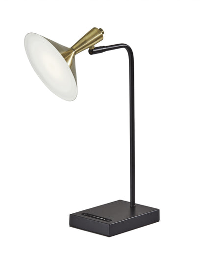 22" Black Metal LED Desk Table Lamp With USB And Antiqued Brass Cone Shade