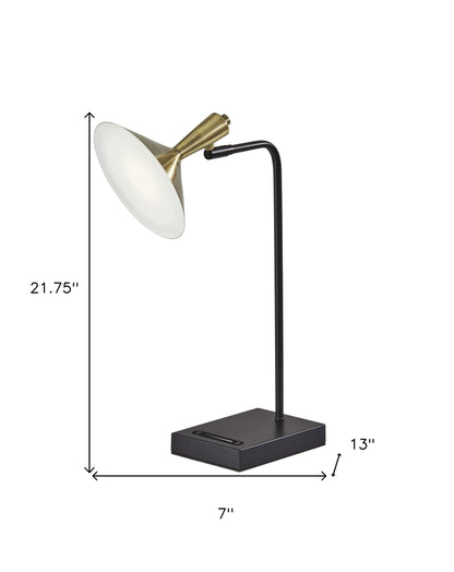 22" Black Metal LED Desk Table Lamp With USB And Antiqued Brass Cone Shade