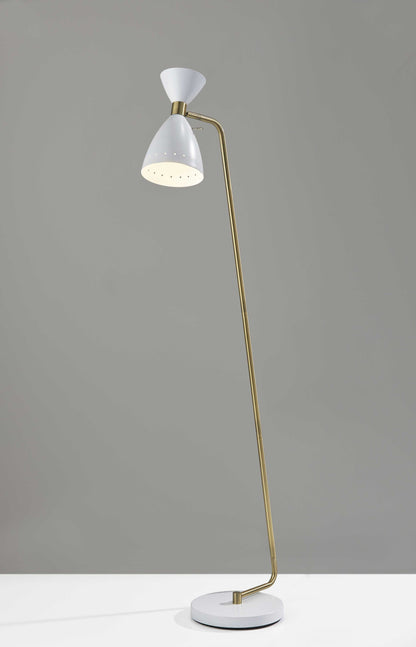 59" Brass Task Floor Lamp With White Metal Cone Shade