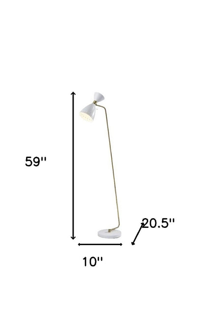 59" Brass Task Floor Lamp With White Metal Cone Shade