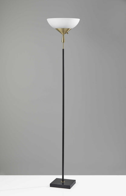 Sleek Torchiere Black Metal Frosted Alabaster Glass Shade