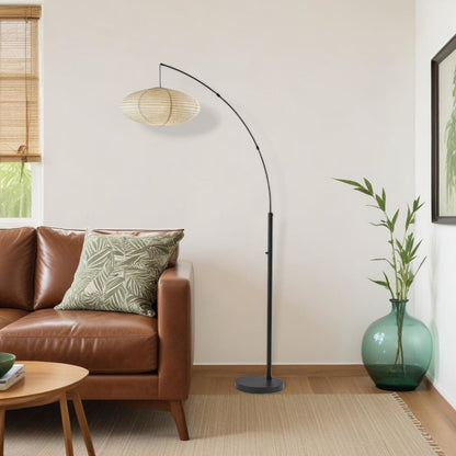 80" Black Arc Floor Lamp With Beige Solid Color Globe Shade