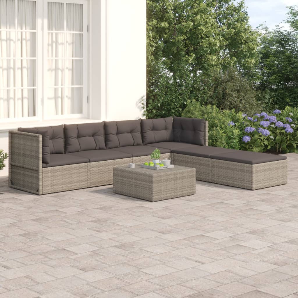 6 Piece Patio Lounge Set with Cushions Gray Poly Rattan