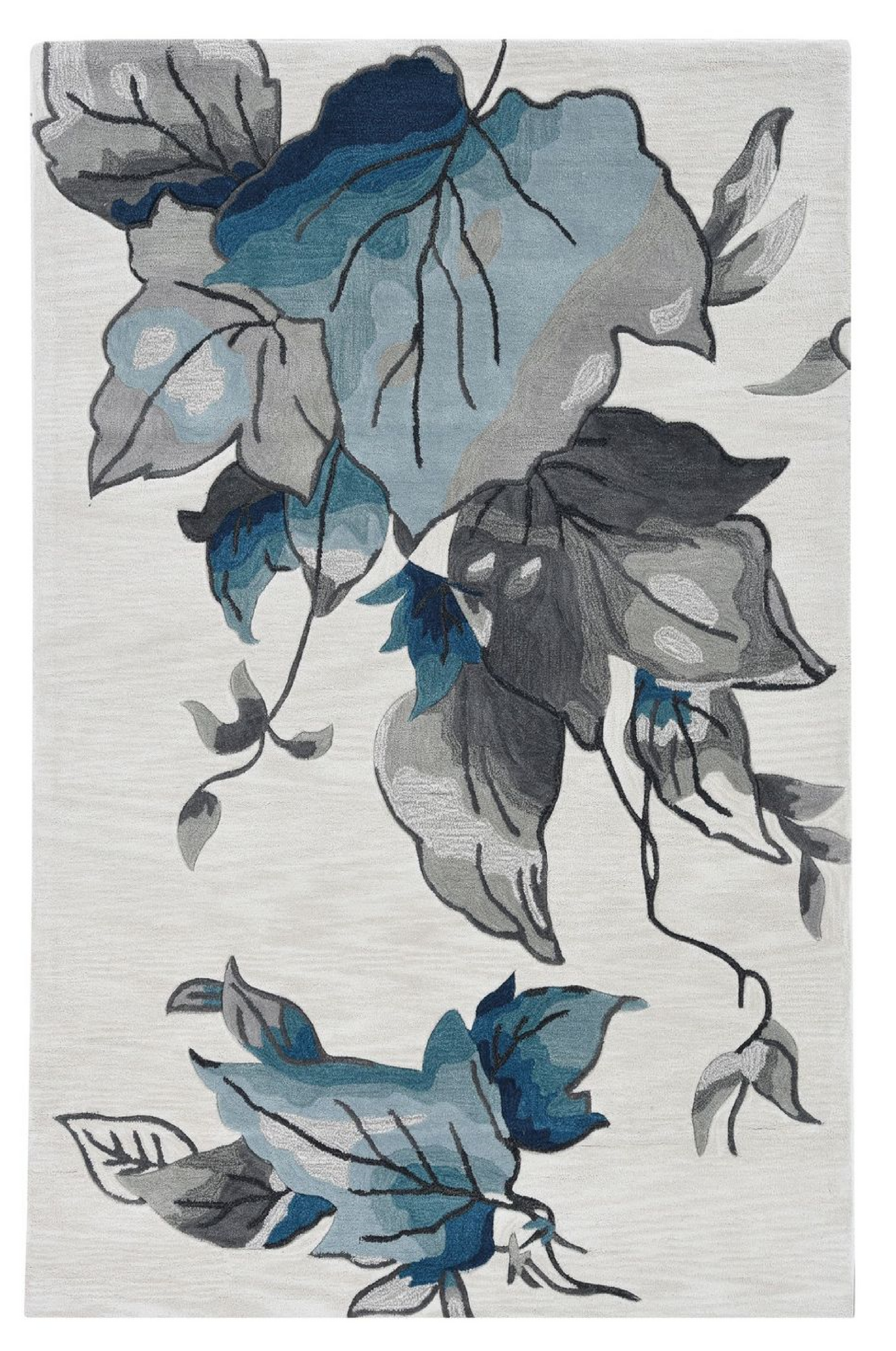 3' X 5' Ivory Blue Oversized Leaves Area Rug