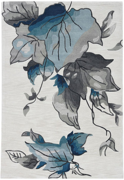 3' X 5' Ivory Blue Oversized Leaves Area Rug