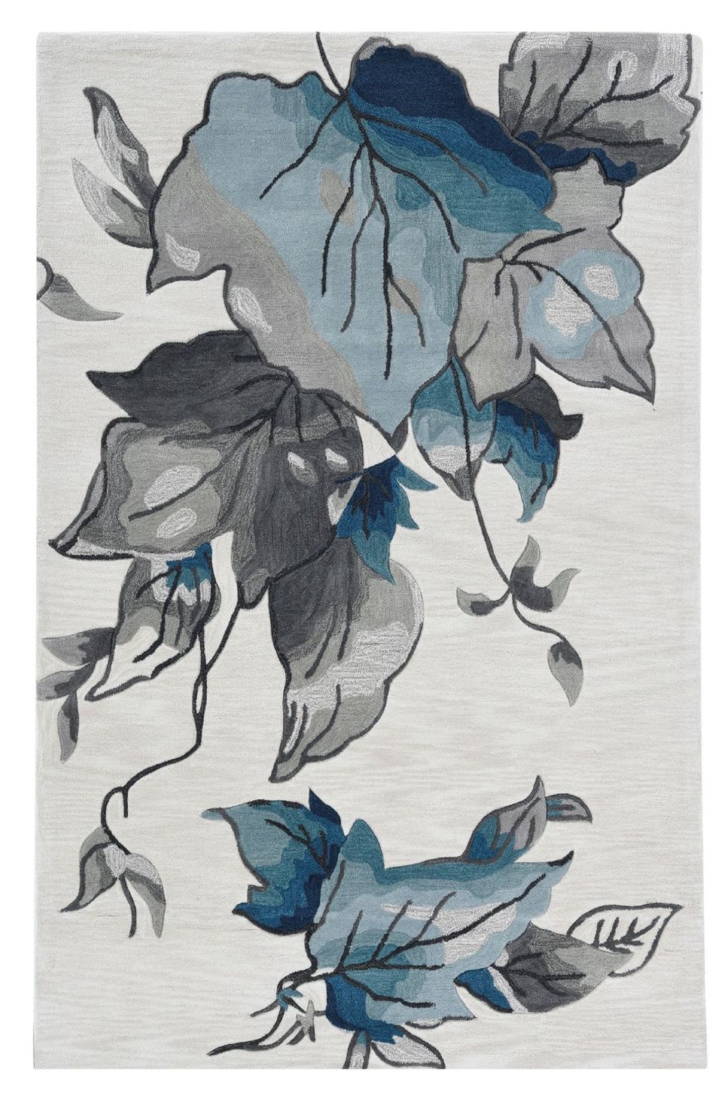 3' X 5' Ivory Blue Oversized Leaves Area Rug