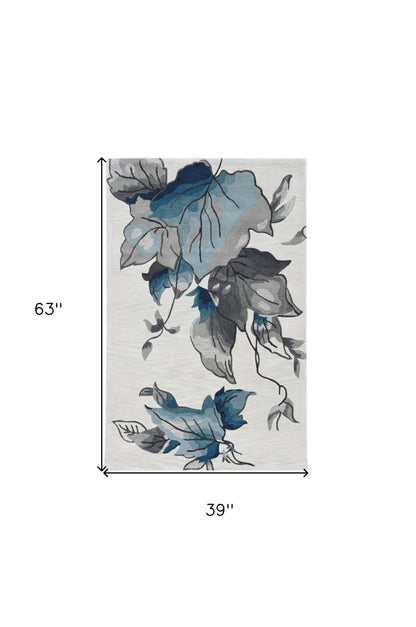 3' X 5' Ivory Blue Oversized Leaves Area Rug