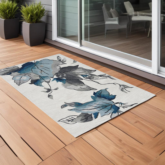 3' X 5' Ivory Blue Oversized Leaves Area Rug