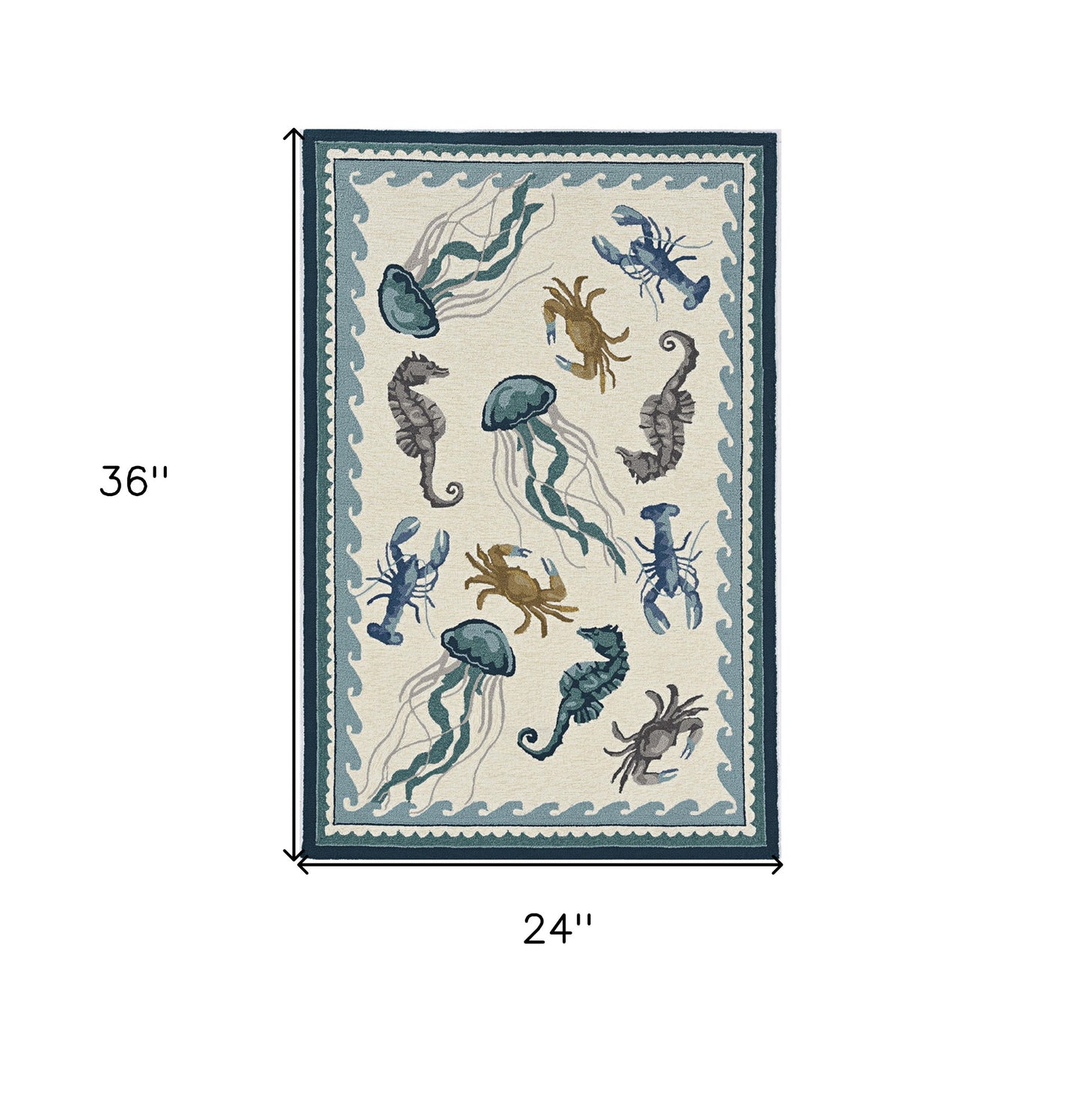 5' X 7' Ivory Or Teal Sea Creatures Indoor Outdoor Area Rug