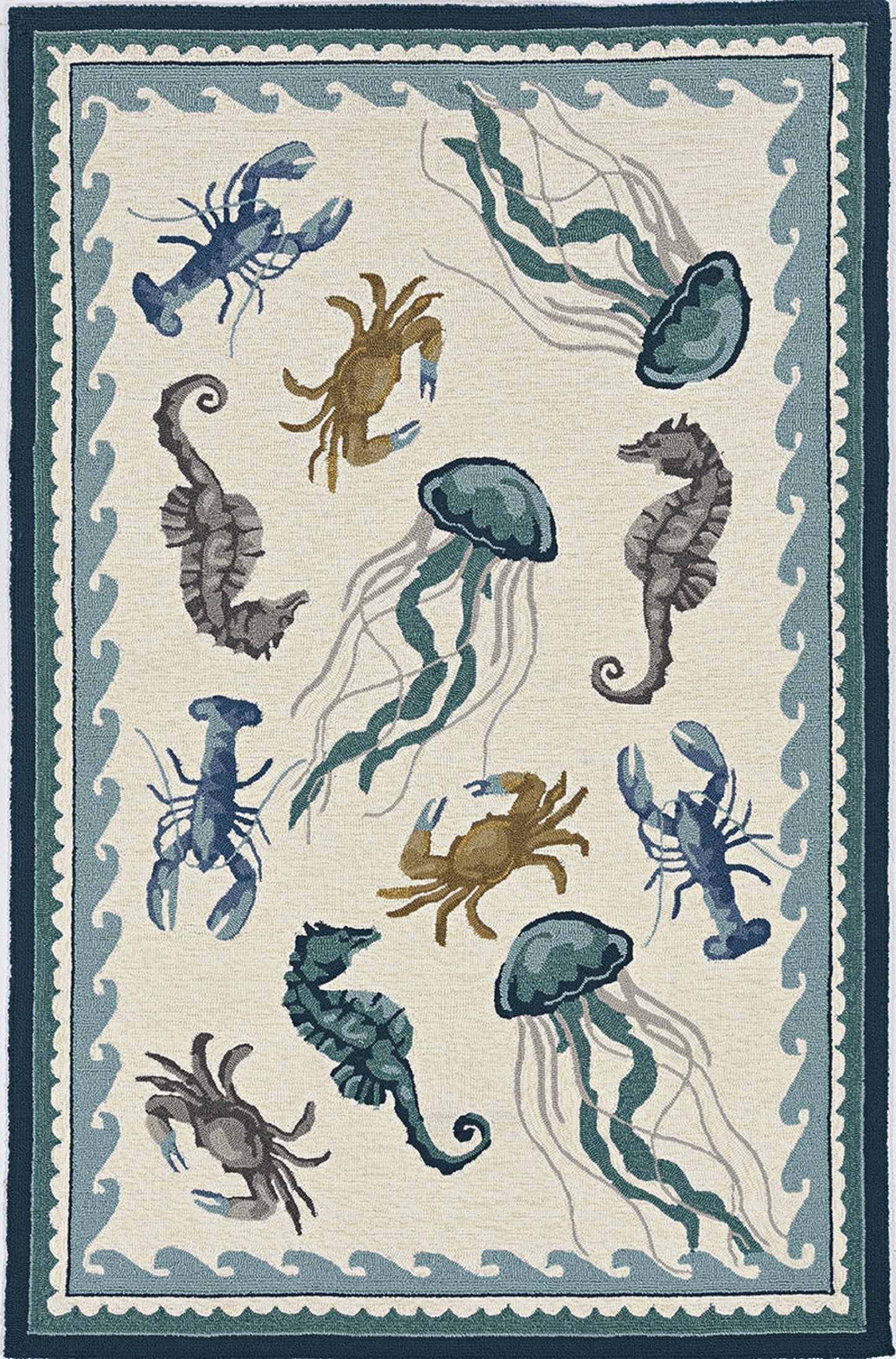 5' X 7' Ivory Or Teal Sea Creatures Indoor Outdoor Area Rug