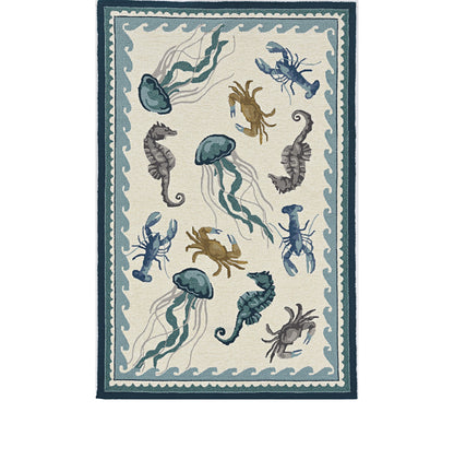 5' X 7' Ivory Or Teal Sea Creatures Indoor Outdoor Area Rug