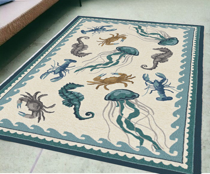 5' X 7' Ivory Or Teal Sea Creatures Indoor Outdoor Area Rug