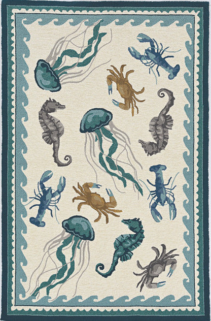 5' X 7' Ivory Or Teal Sea Creatures Indoor Outdoor Area Rug