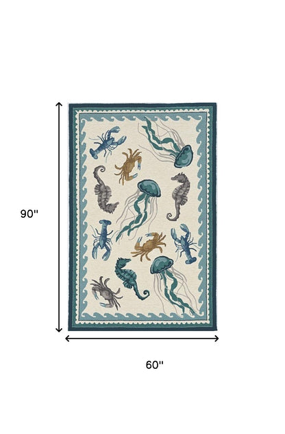 5' X 7' Ivory Or Teal Sea Creatures Indoor Outdoor Area Rug