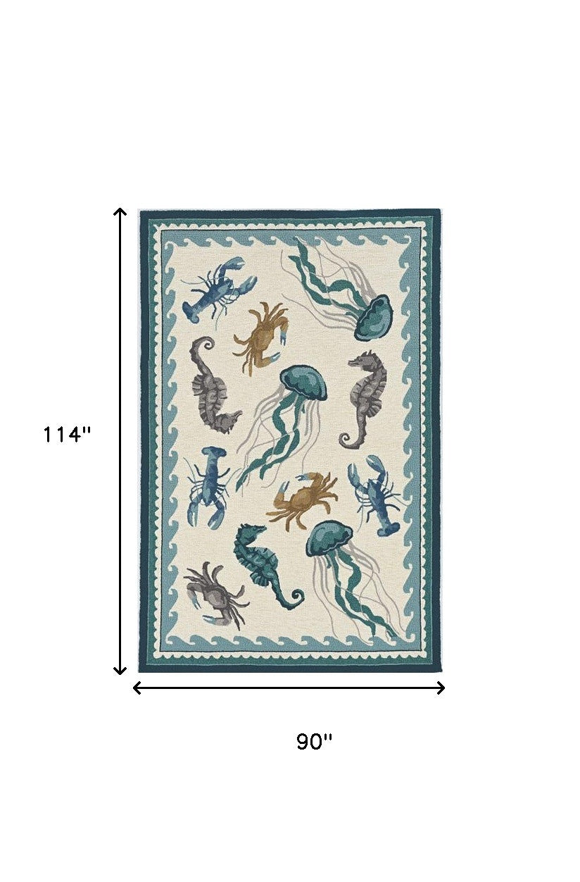 5' X 7' Ivory Or Teal Sea Creatures Indoor Outdoor Area Rug