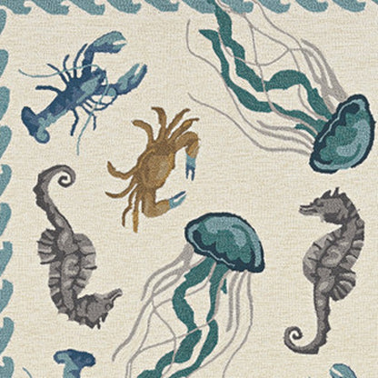 5' X 7' Ivory Or Teal Sea Creatures Indoor Outdoor Area Rug