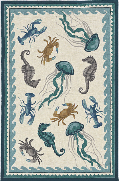 5' X 7' Ivory Or Teal Sea Creatures Indoor Outdoor Area Rug