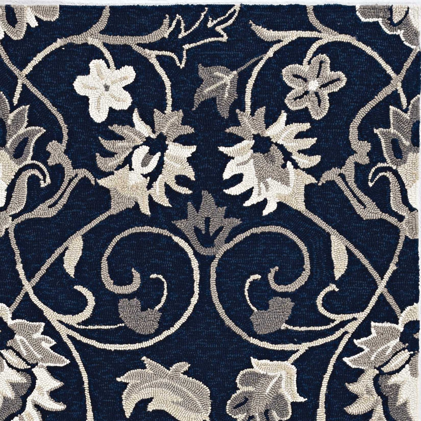 2' X 3' Navy Blue Floral Handmade Indoor Outdoor Area Rug