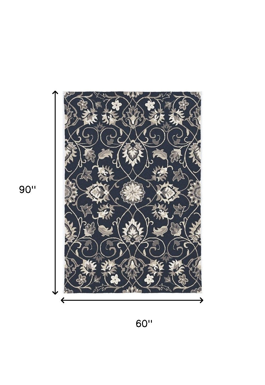 2' X 3' Navy Blue Floral Handmade Indoor Outdoor Area Rug