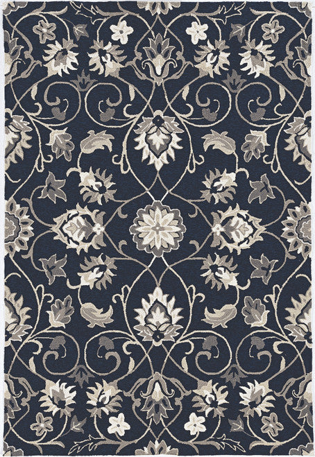 2' X 3' Navy Blue Floral Handmade Indoor Outdoor Area Rug