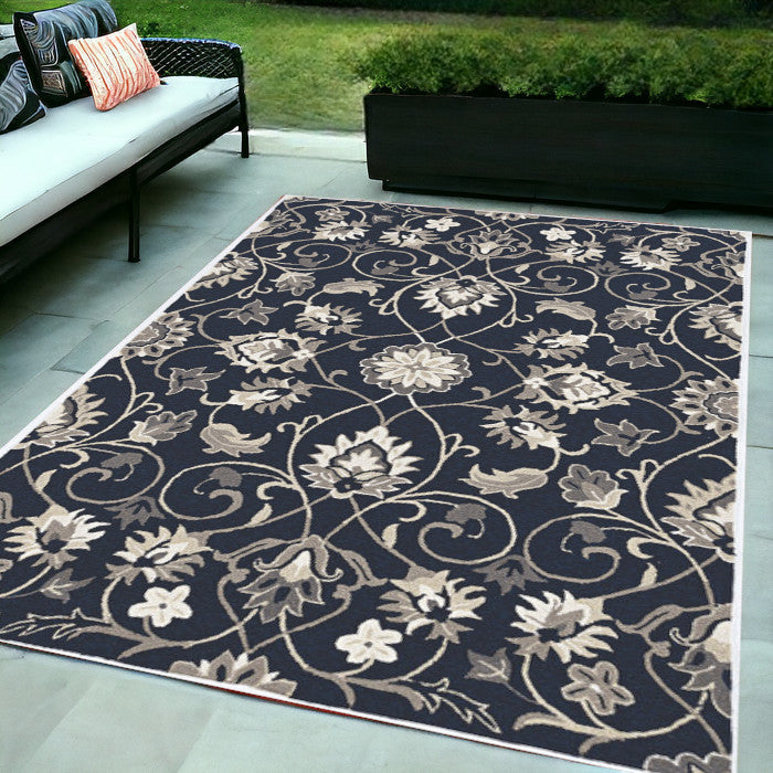 2' X 3' Navy Blue Floral Handmade Indoor Outdoor Area Rug