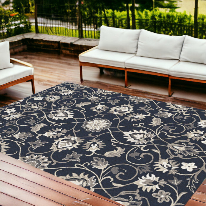 2' X 3' Navy Blue Floral Handmade Indoor Outdoor Area Rug