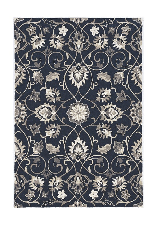 2' X 3' Navy Blue Floral Handmade Indoor Outdoor Area Rug