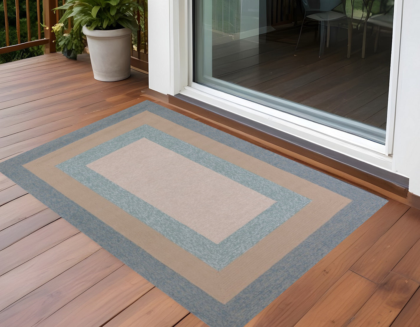 8' X 11' Blue and Beige Handmade Indoor Outdoor Area Rug