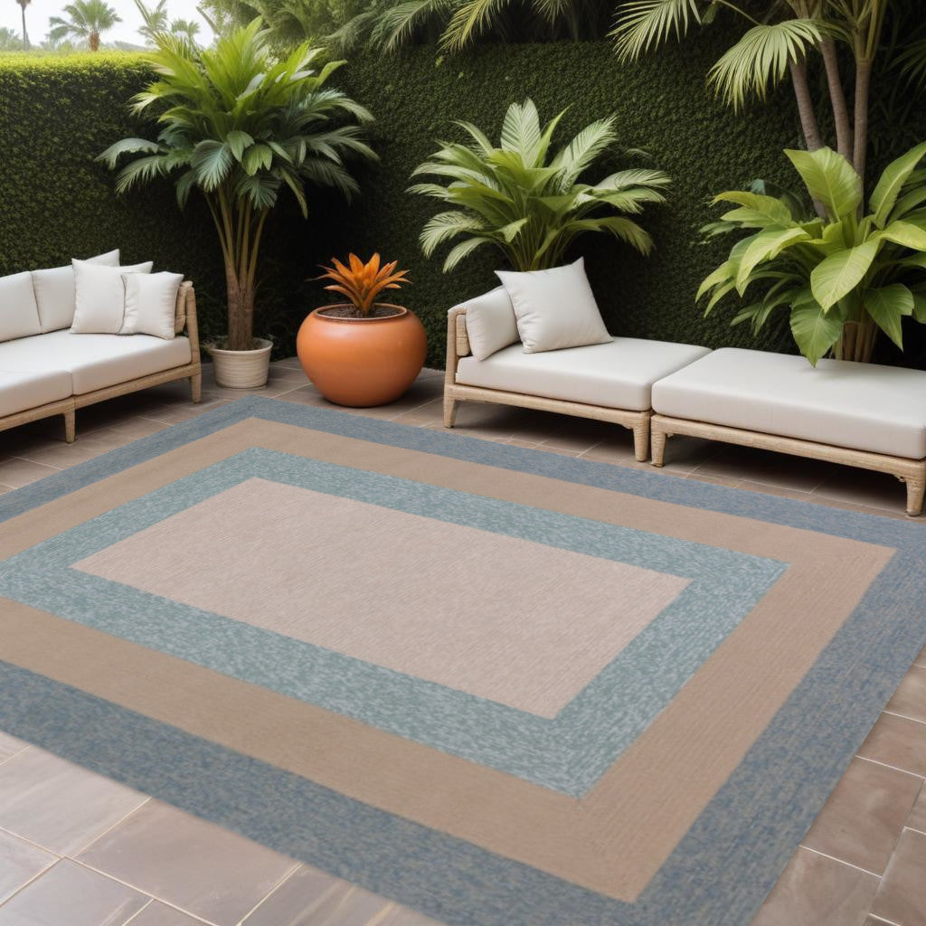 8' X 11' Blue and Beige Handmade Indoor Outdoor Area Rug