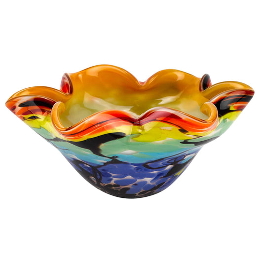 9" Rainbow Multi Art Glass Wavy Centerpiece Bowl