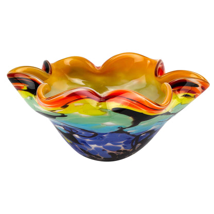 9" Rainbow Multi Art Glass Wavy Centerpiece Bowl