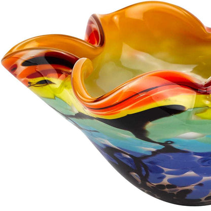 9" Rainbow Multi Art Glass Wavy Centerpiece Bowl