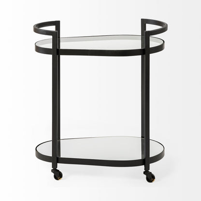 Cyclider Black Metal With Two Mirror Glass Shelves Bar Cart