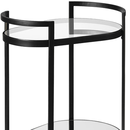 Cyclider Black Metal With Two Mirror Glass Shelves Bar Cart