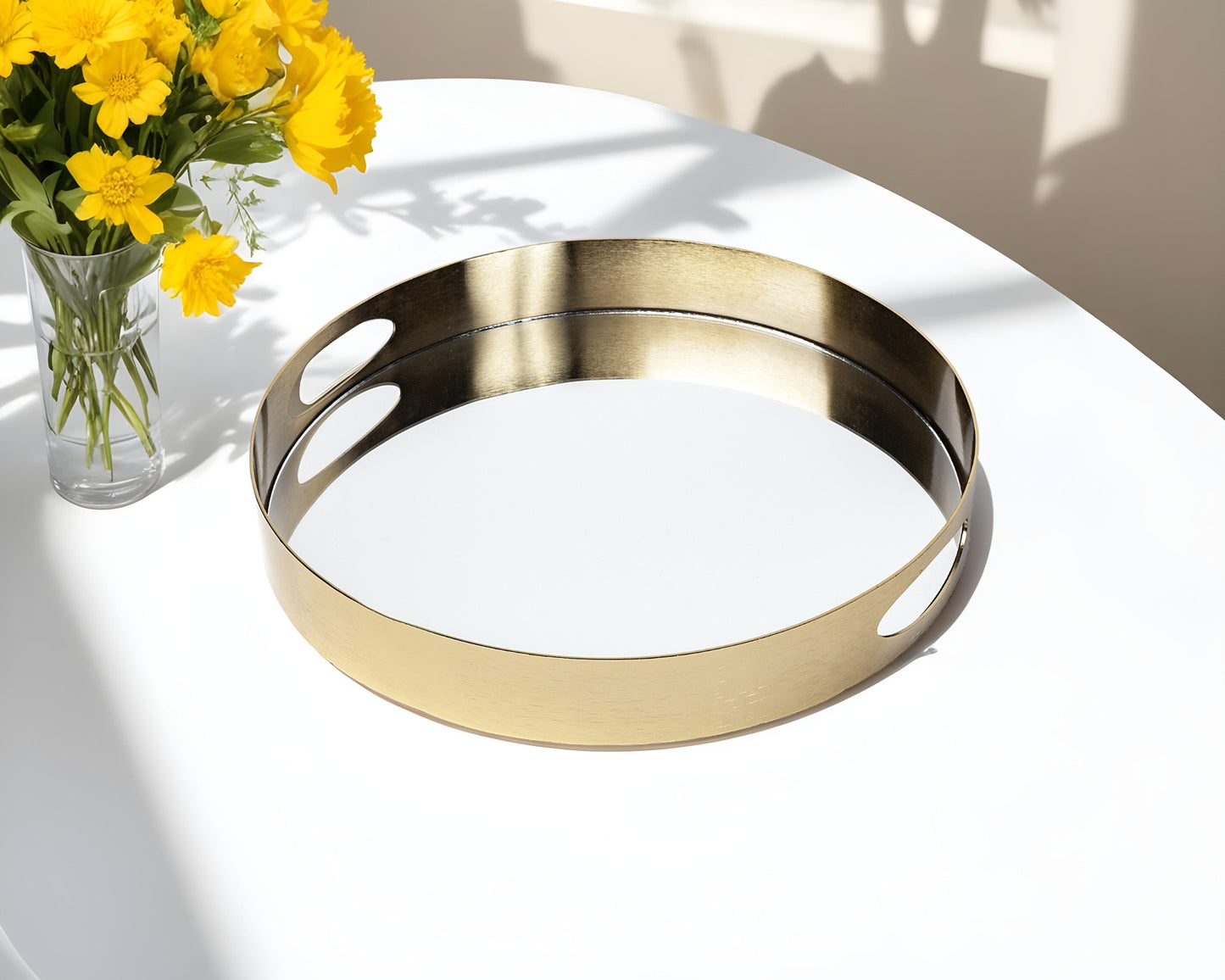 15" Gold Round Metal Indoor Outdoor Tray With Handles