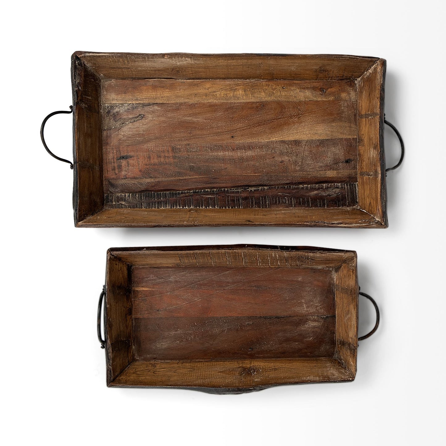 Set of Two Brown Rectangular Wood Indoor Outdoor Serving Tray With Handles