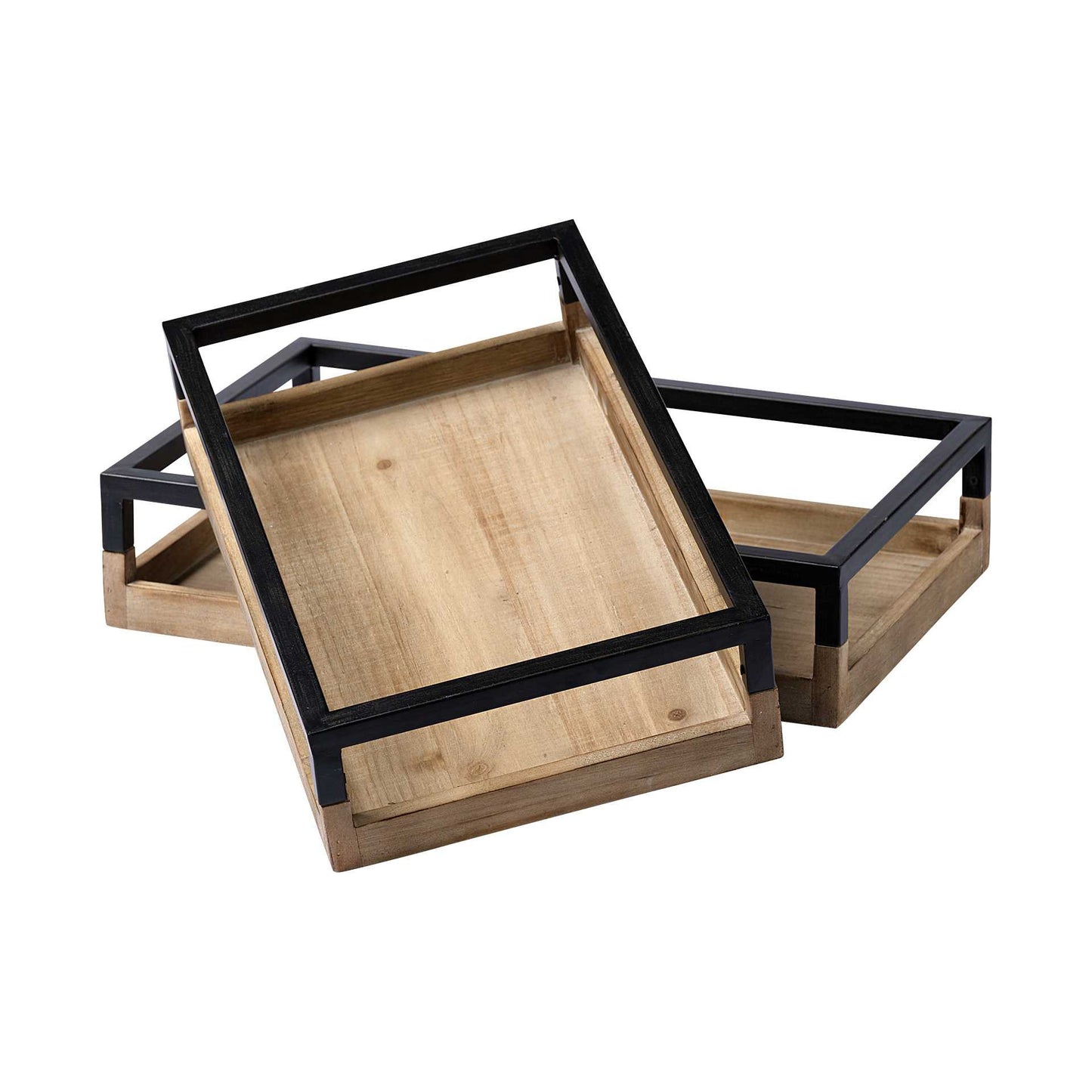 Set of Two Brown Wood Indoor Outdoor Tray With Handles