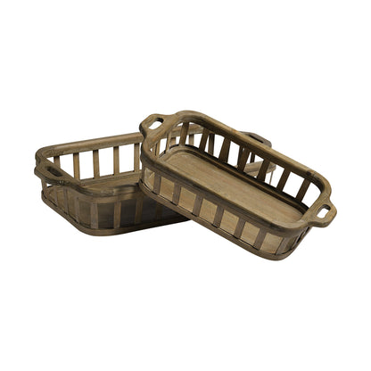 Set of Two Brown Wood Indoor Outdoor Tray With Handles