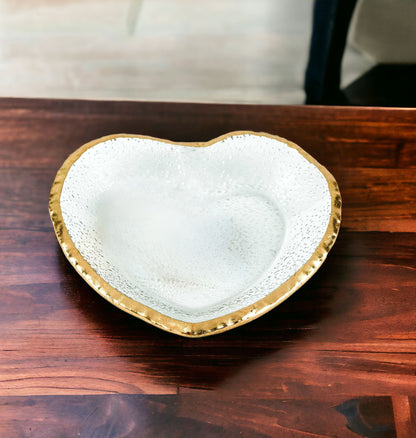 8" Mouth Blown Seeded Glass Heart Plate with Gold Rim