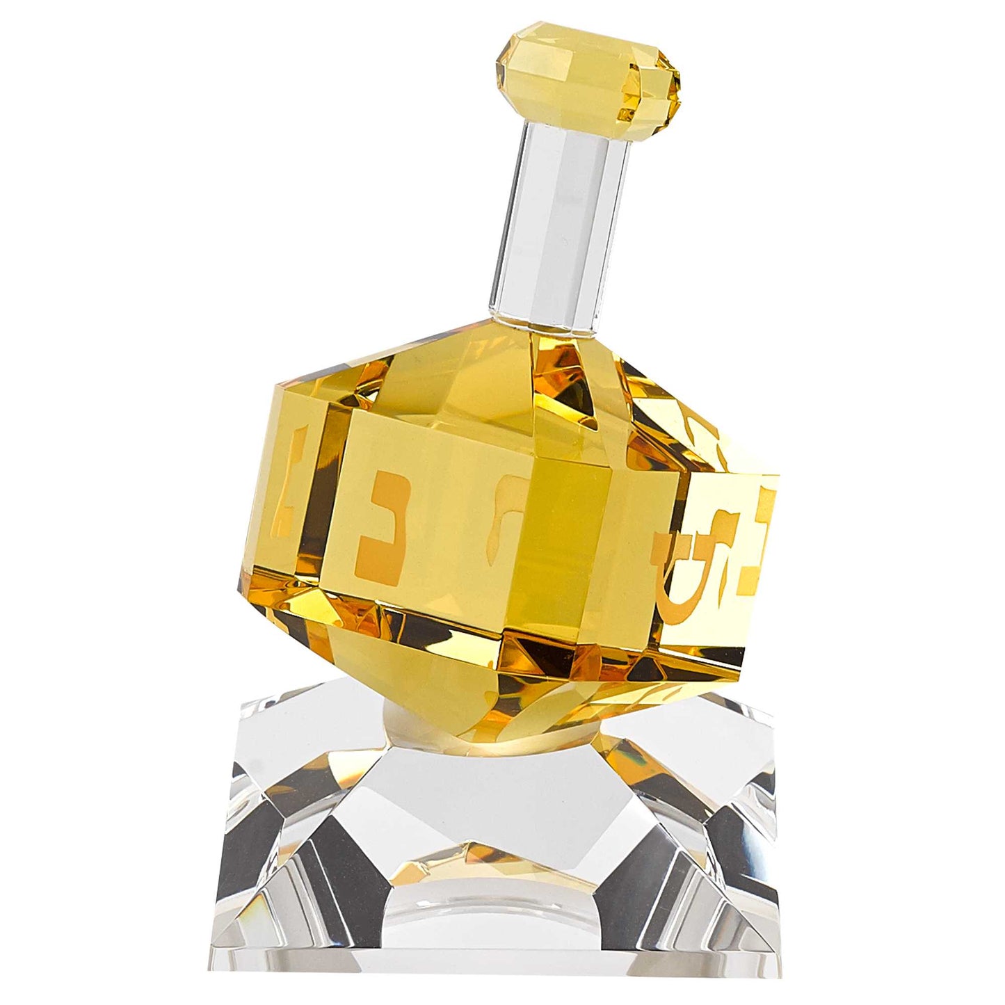 3 Mouth Blown Amber Dreidel On Crystal Stand