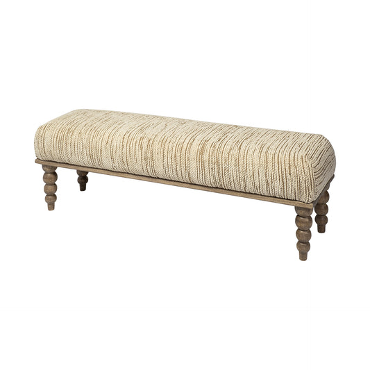 55" Cream and Wood Brown Upholstered Fabric Bench