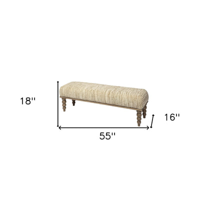 55" Cream and Wood Brown Upholstered Fabric Bench