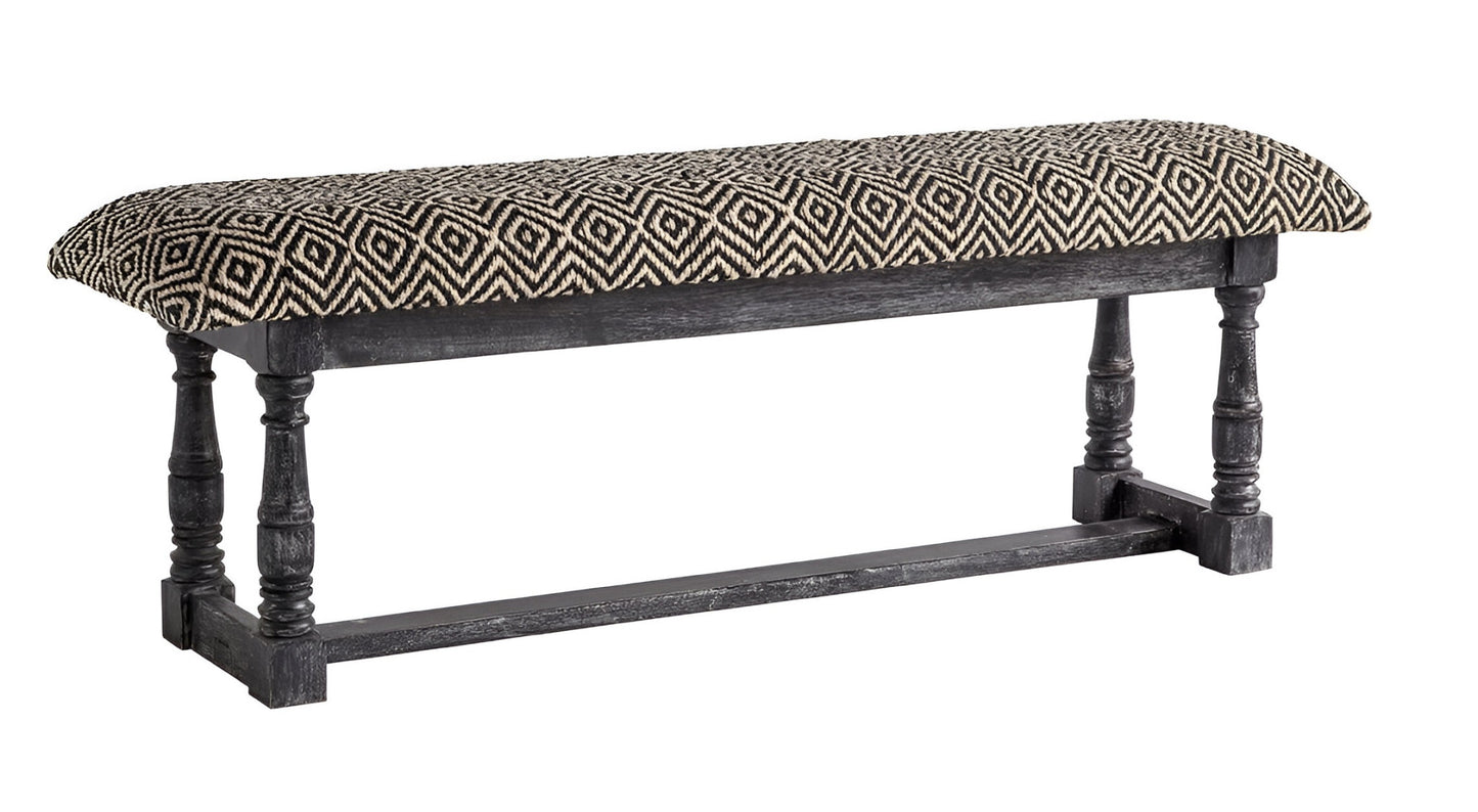 56" Black and White and Gray Upholstered Cotton Blend Trellis Bench