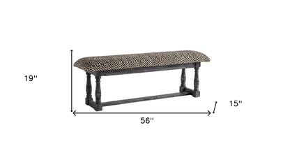 56" Black and White and Gray Upholstered Cotton Blend Trellis Bench