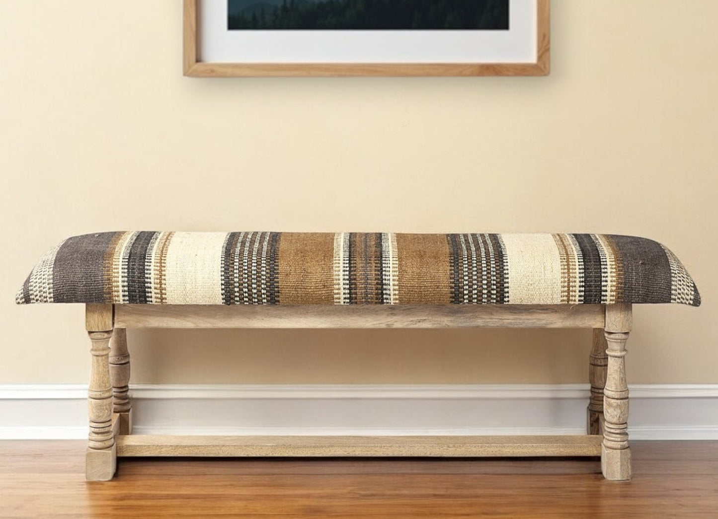 59" Beige Brown and Natural Upholstered Jute Striped Bench