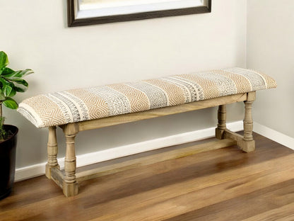 59" Beige Orange and Brown Geometric Upholstered Jute Accent Bench