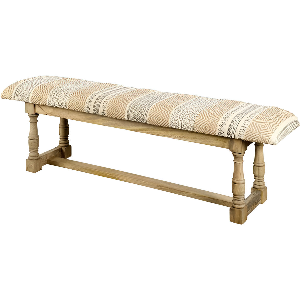 59" Beige Orange and Brown Geometric Upholstered Jute Accent Bench