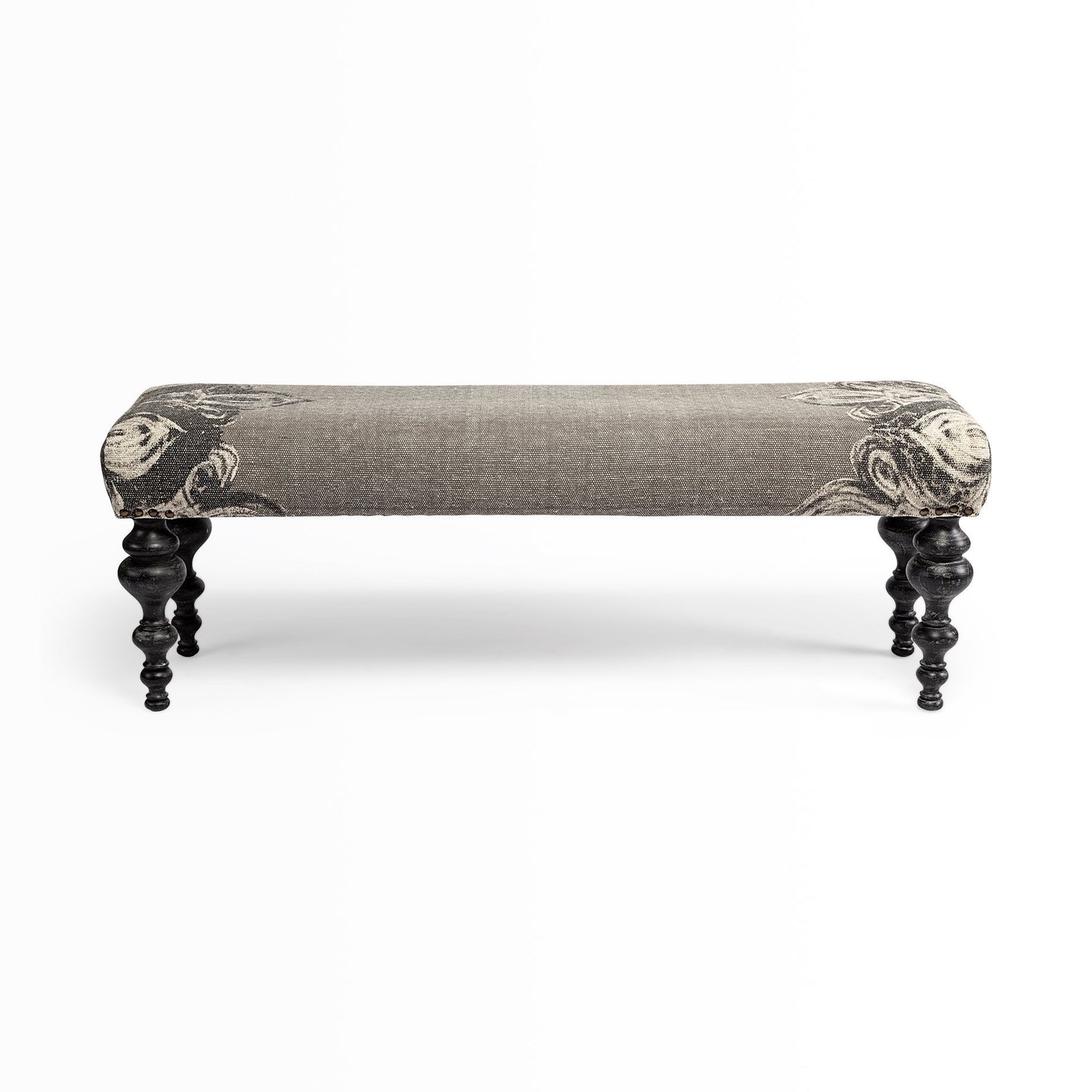 55" Gray and Black Upholstered Cotton Blend Floral Distressed Bench