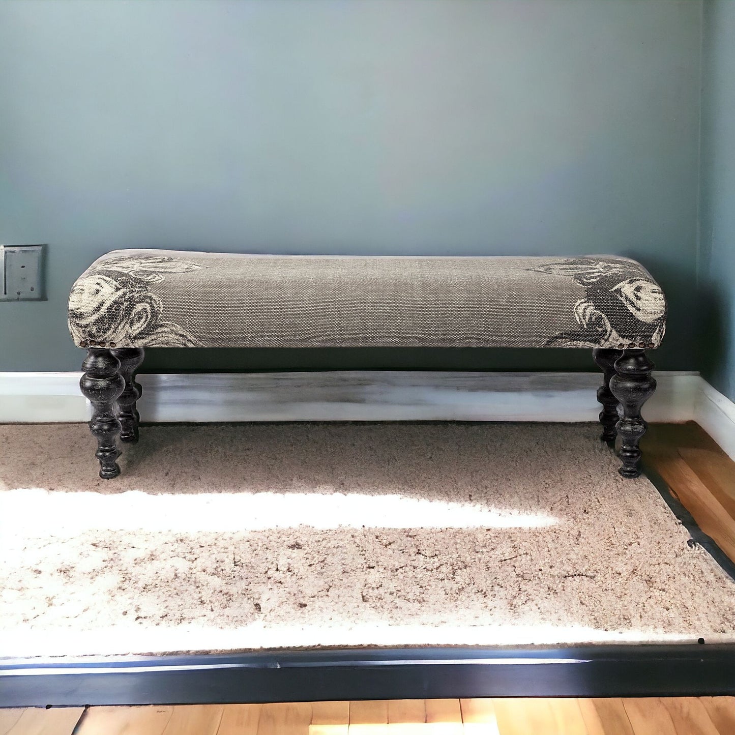 55" Gray and Black Upholstered Cotton Blend Floral Distressed Bench