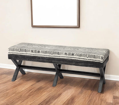 16" Gray and White and Black Upholstered Cotton Blend Bench